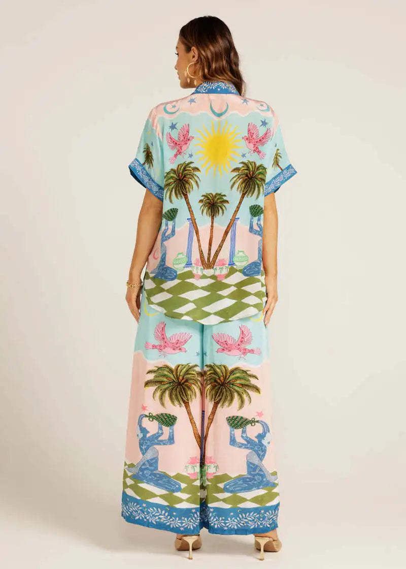 Pants Sets For Women Summer Fashion Printed Half Sleeve Shirt Suits Casual Loose High Waisted Female Wide Leg Pants Outfits