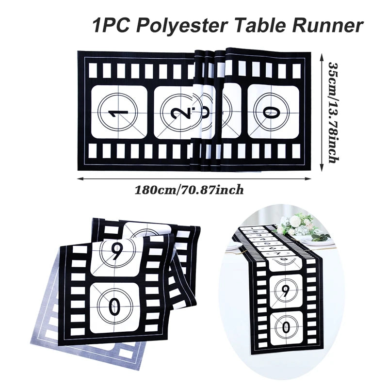 Camino de Mesa para Noche de Cine de 12 X 72 Pulgadas, Estampado de Tira de Película, Decoración de Carrete de Cine, Decoraciones de Manteles Temáticos de Cine