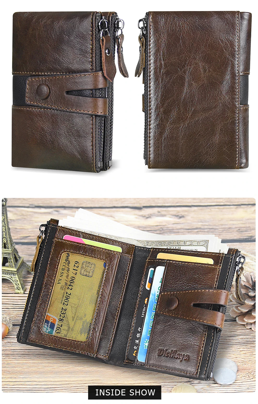 Cartera de piel auténtica para hombre, diseño de lujo, cartera corta plegable, monedero vintage con broche para monedas, bolsillo multifuncional para tarjetas