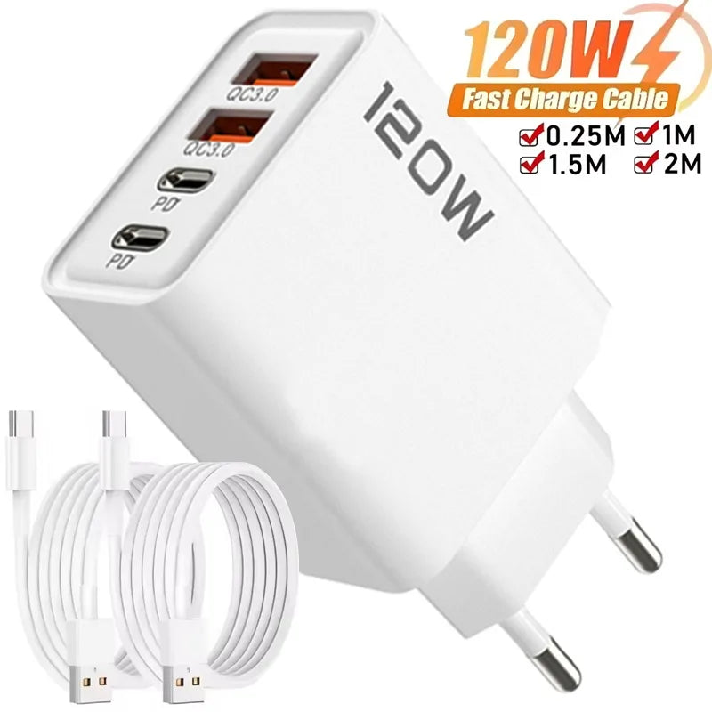 Cargador USB tipo C de 4 puertos de 120 W, cable de datos de carga rápida, adaptador de cargador de teléfono USB para Samsung, iPhone, Xiaomi, Huawei, cargador de pared