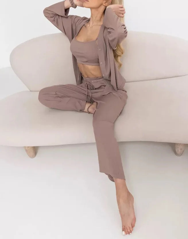 Conjuntos de pijama de otoño acogedores para mujer, 3 piezas, ropa de casa informal con top de tirantes, pantalón y cárdigan, talla grande, ropa de descanso suave para mujer