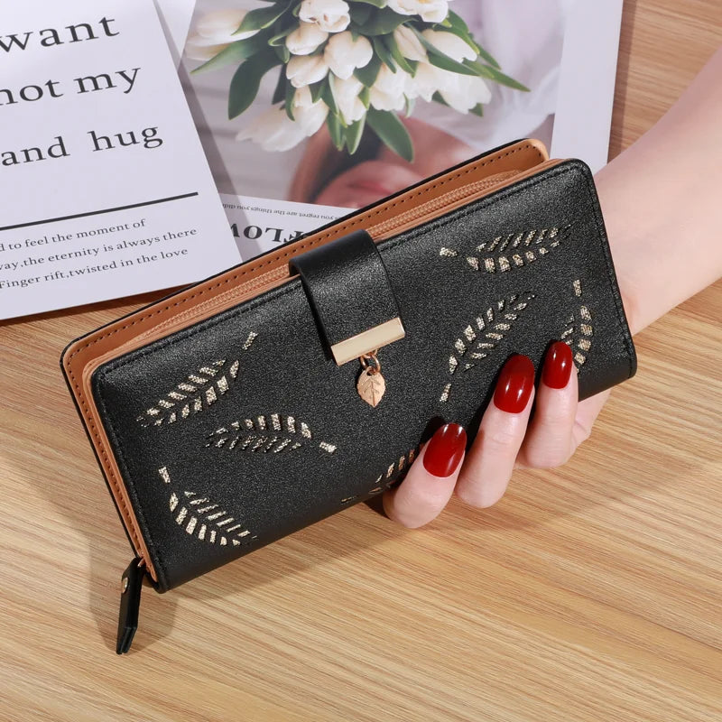 PU Leather Long Wallet (Hollow Leaf)