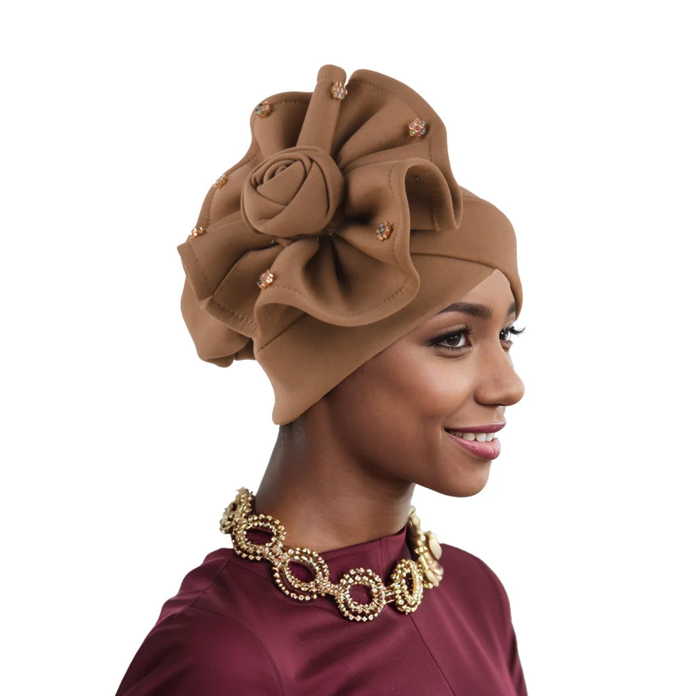 2025 Trendy Women Big Flower Turban Hat Fashion Muslim Hijab Caps Beads Head Wrap Bonnet Bandana Chemo Cap African Headties Hats