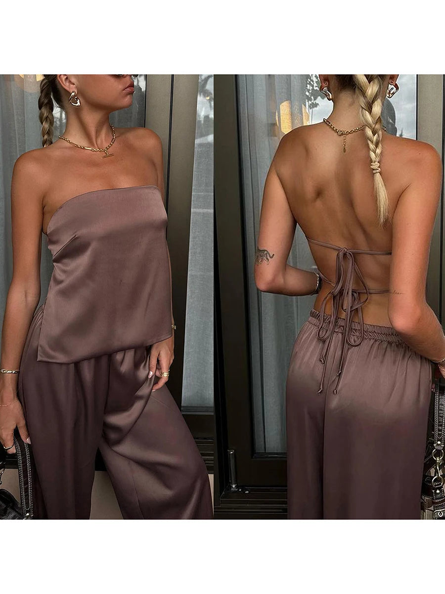 Women Satin Tube Top Pants Set 2 Piece Backless Lace Up Crop Tops Wide Leg Pants Y2k Coquette Clubwear Party Matching Outfits