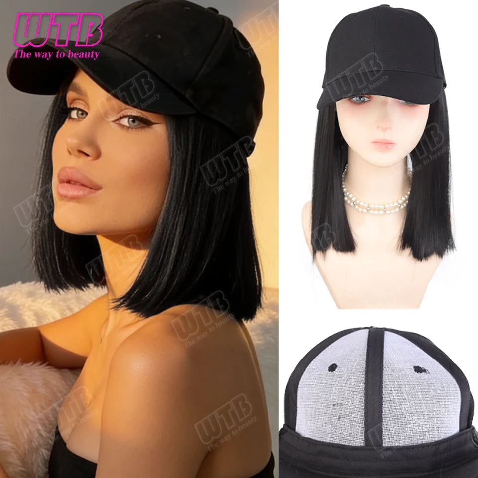 WTB Synthetic Hat Wig Black Short Straight Hair Adjustable Size Sunshade Cap Suitable for Women's Daily and Holiday Wear