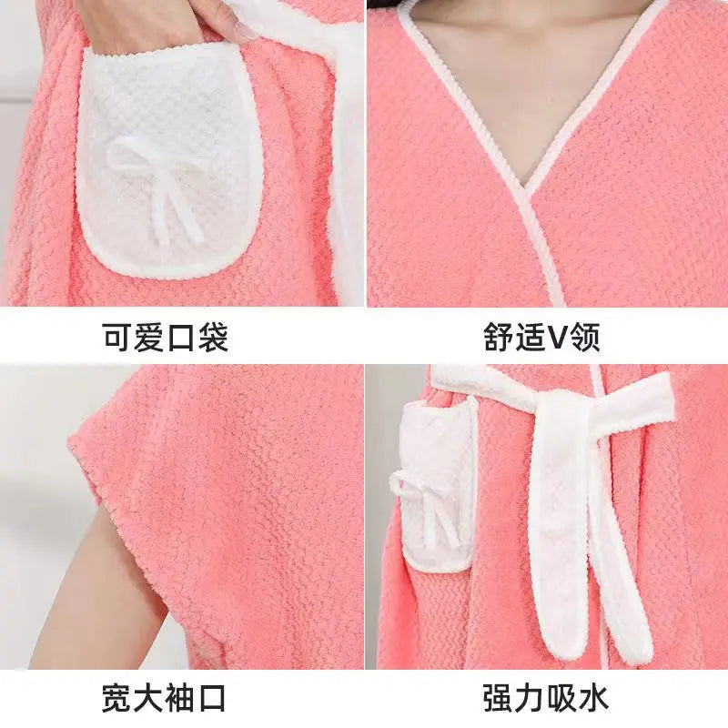 Women's bathrobe, coral fleece soft absorbent bathrobe, strap wearable bathrobe, breathable adult bath towel