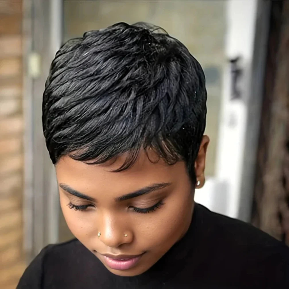 Curly Wave Wig 150% Density 4 Inch Pixie Cut Curly Wave Human Hair Wig for Women Full Machine Made Wig for Daily Wear and Party