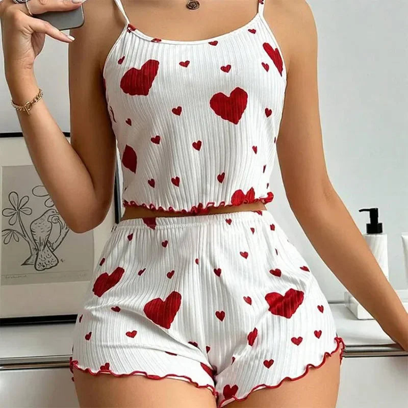 Sexy Women's Pajamas Set Sleepwear 2 PCS Short Tank Tops And Shorts S M L White Ventilate Soft Casual Love Printing