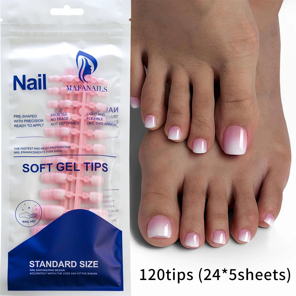 120pcs French Fake Press on Toenails Wearable Gradient White Pink Nude Short Square Toe Nails DIY Full Cover Foot Nails Tips