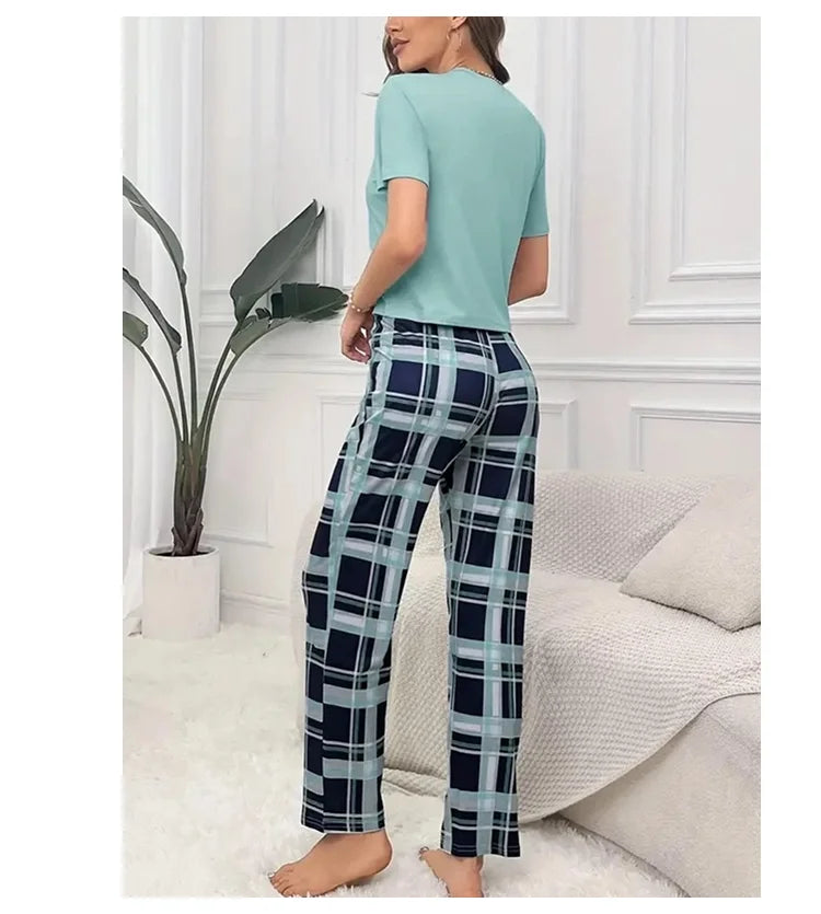 Women's Pajamas Set Soft Comfortable Letter Print T-Shirt & Plaid Long Pants Sleepwear 2 Pieces Home Clothes Loungewear Pyjama