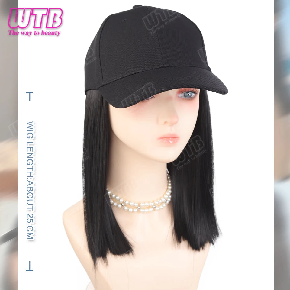 WTB Synthetic Hat Wig Black Short Straight Hair Adjustable Size Sunshade Cap Suitable for Women's Daily and Holiday Wear