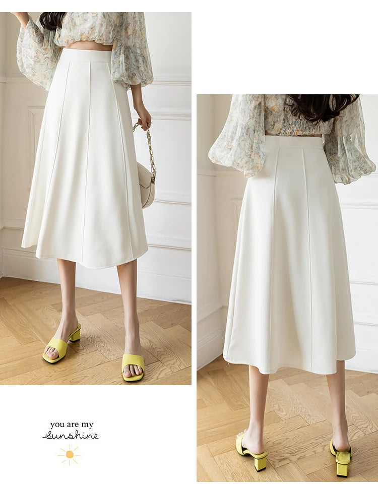 Women's Skirt Spring Women High Waist Solid Vintage Girl's Waist Down Skirt Knee-length A-line Fashion Thin Skirt for Women