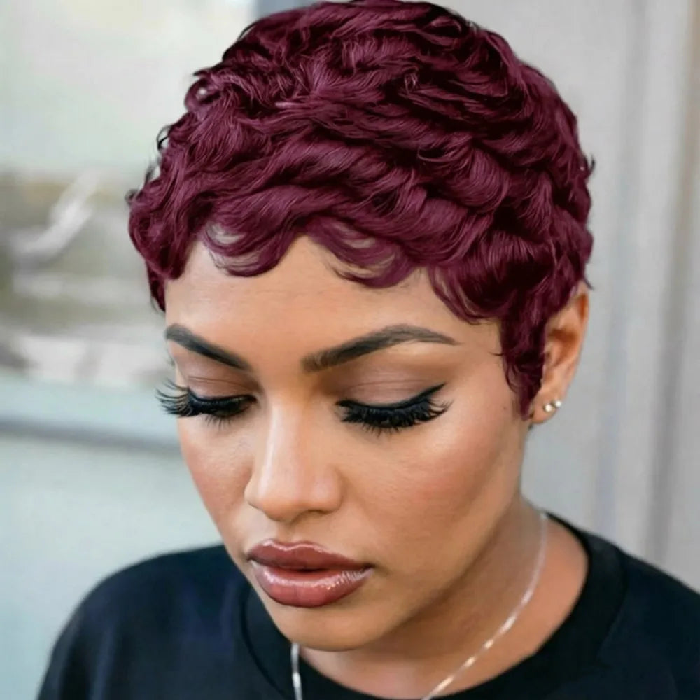 Peluca de cabello humano corto liso en capas estilo pixie, hecha a máquina, color marrón, negro, borgoña, para uso diario o de fiesta para mujeres