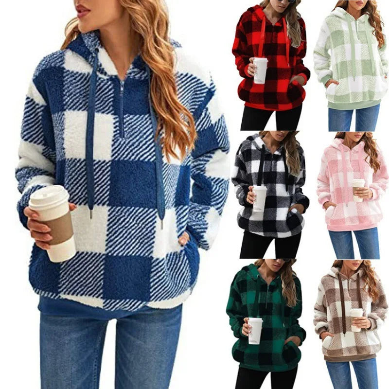 Sudadera con capucha de forro polar a cuadros