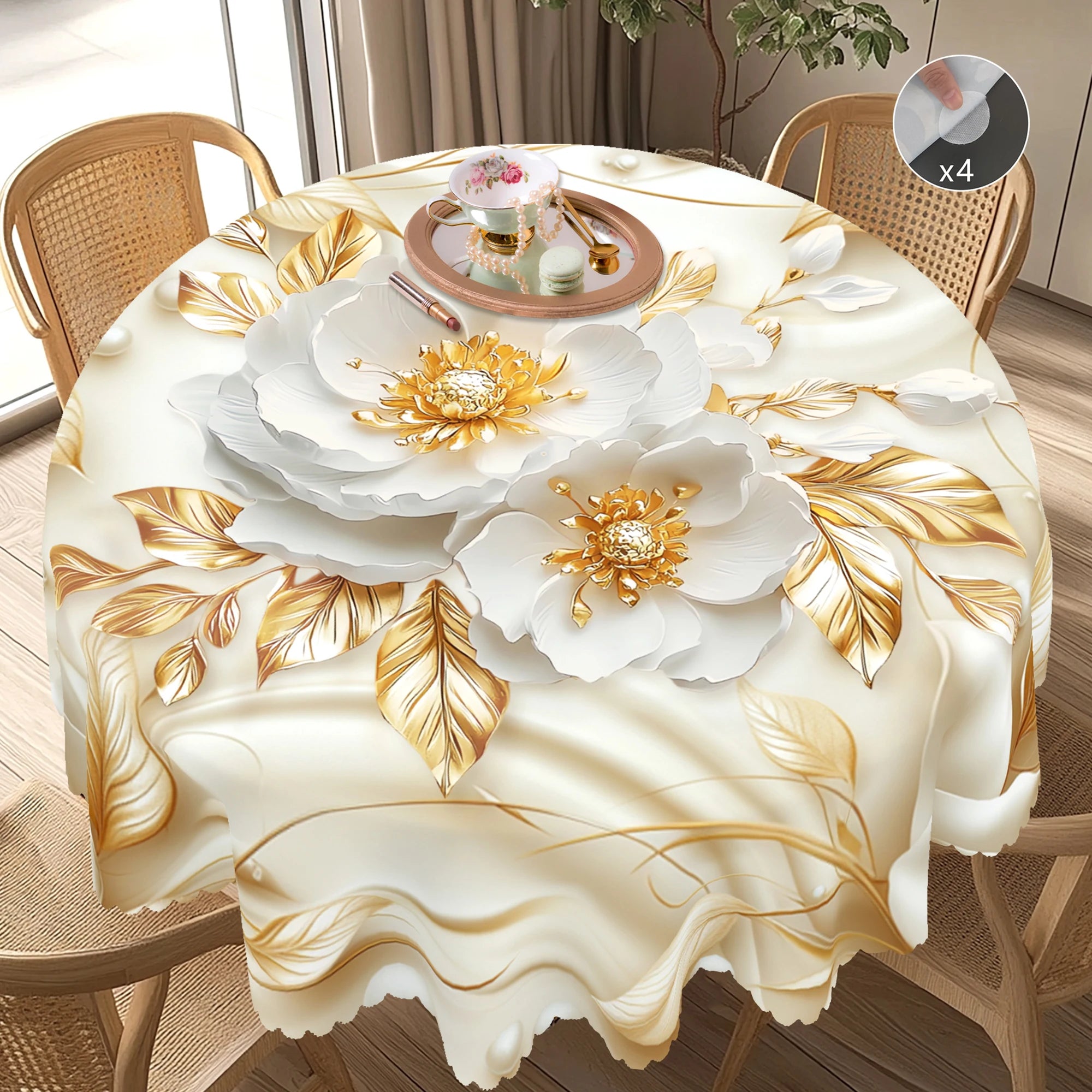 Mantel de tela con estampado floral 3D dorado – Elegante decoración floral para fiestas y hogar