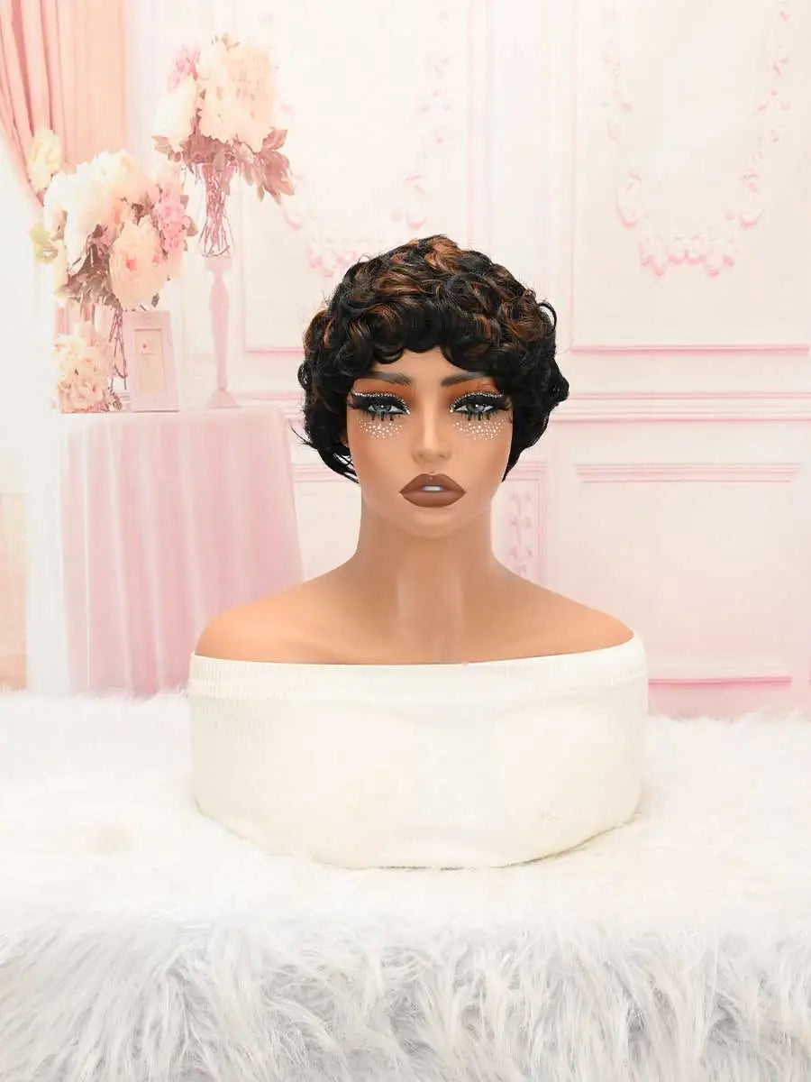 Ombre Brown Highlight Pixie Wave Wig Synthetic Short Finger Bangs Wig Women Daily Office Styling