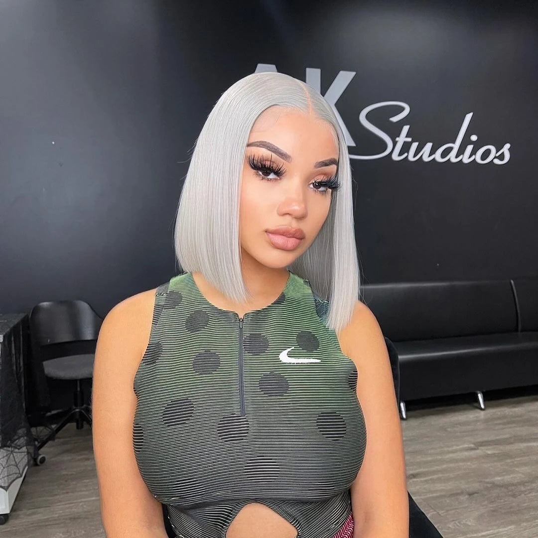 Short Bob Wig Grey Straight 13x4 Transparent Lace Front Wigs Human Hair For Black Women Silver Grey Lace Front Wigs Brazilian