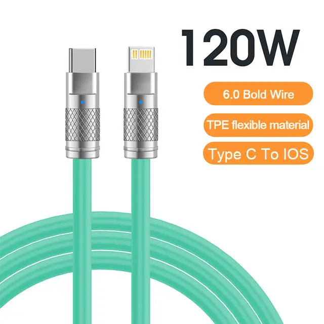 Cable de datos USB C de silicona líquida de carga súper rápida 120W 6A para iPhone 14 15 Huawei Samsung Xiaomi Cargador rápido Tipo C