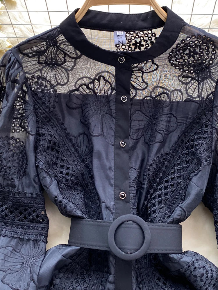 Luxury Women Lace Shirt dress White Black  New Vintage embroidery Lantern sleeve dresses with belt Sexy clothes INKEO 4D062