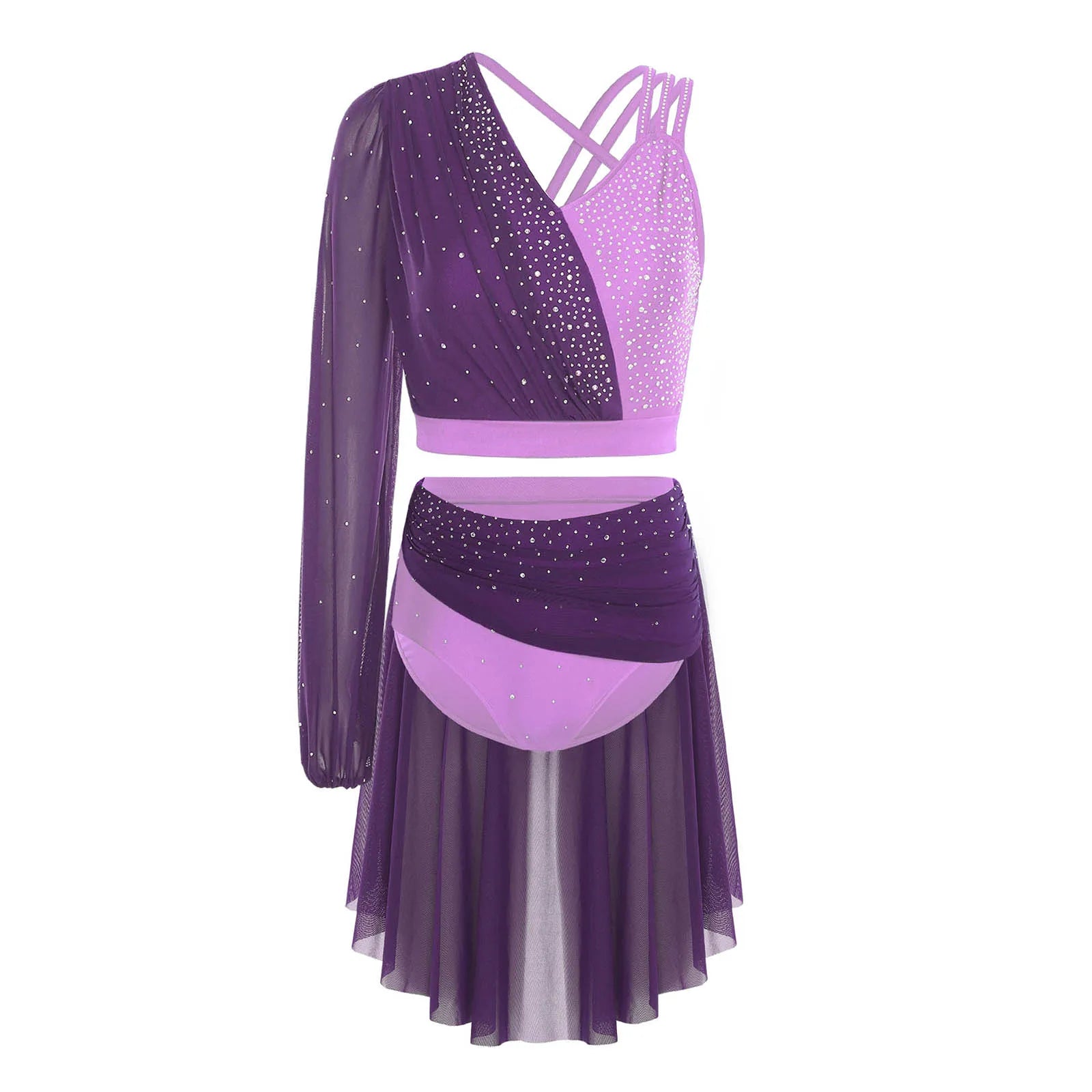 Modern Ballet Dance Set for Women Mesh Top with Skirted Briefs 2 Piece Lyrical Outfits Ballerina Girls Stage Performance Costume