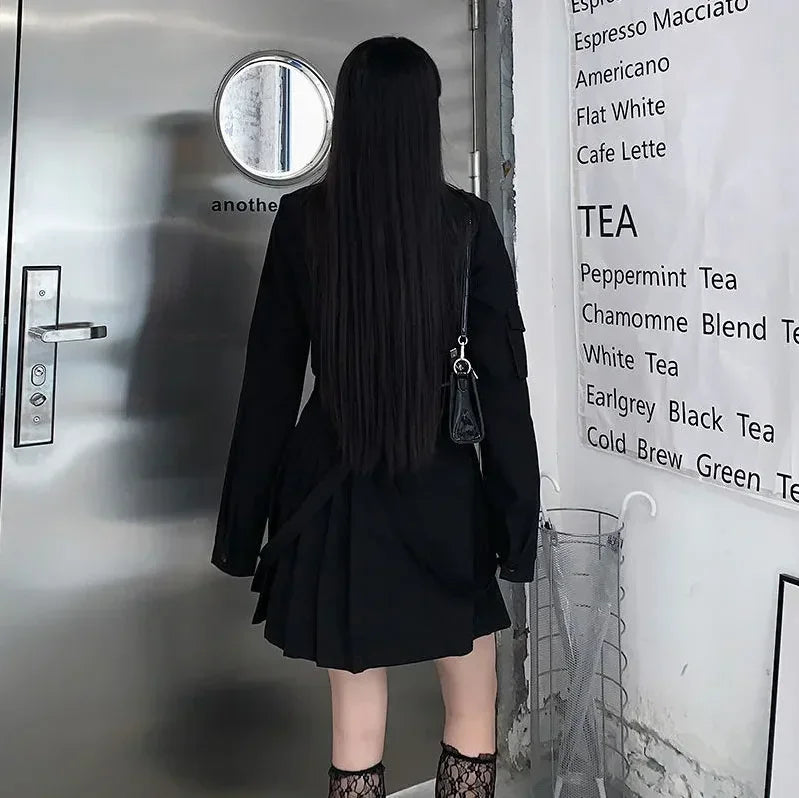 Women Two-Piece Skirt Spring Oversize 4XL Black Punk Chain Ribbon Skirts Ladies Suit Female Dress Sets Harajuku Streetwear