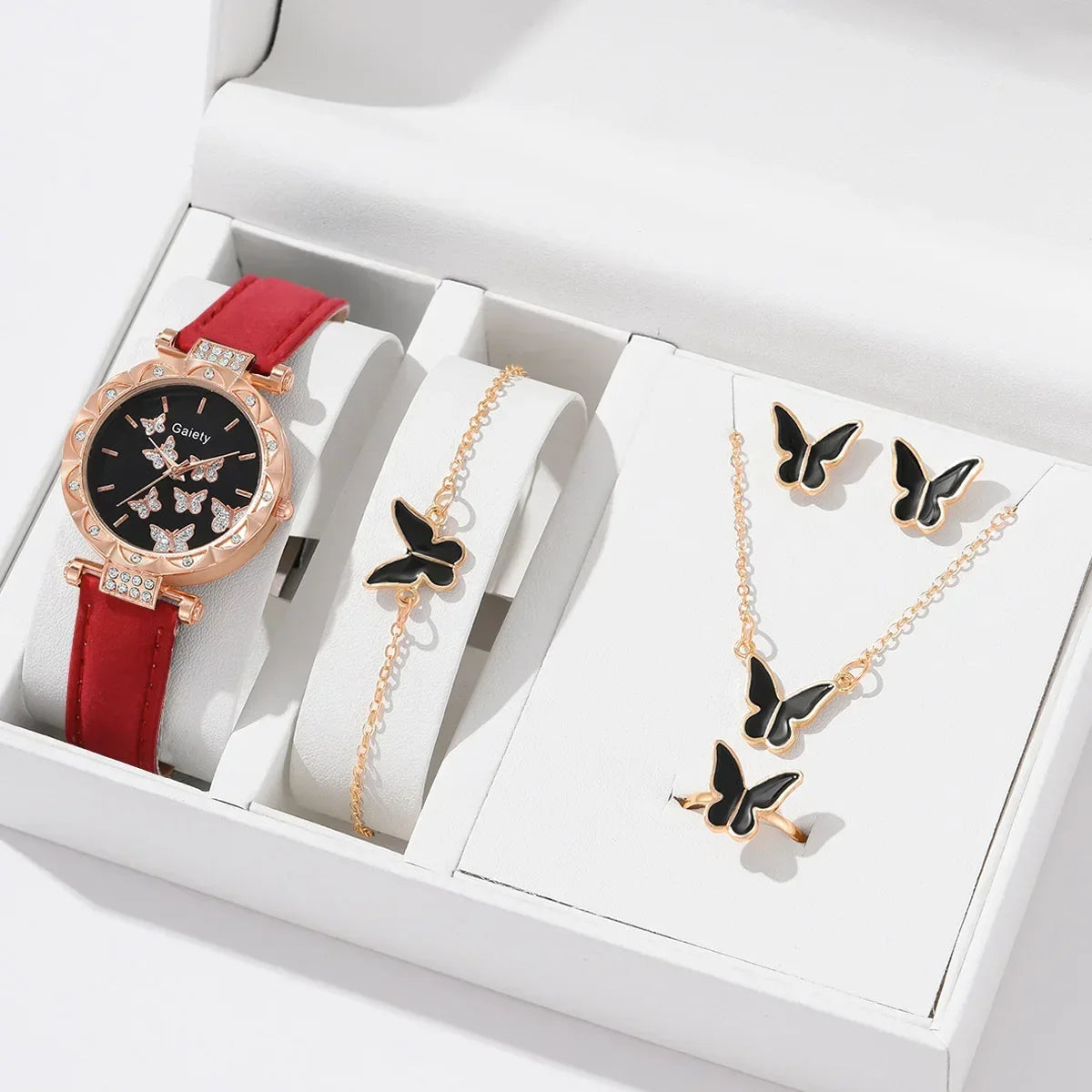 Conjunto de Reloj, Anillo, Collar, Pendientes y Pulsera para Mujer Relojes de Mariposa con Correa de Cuero reloj de señora relogios feminino reloj mujer