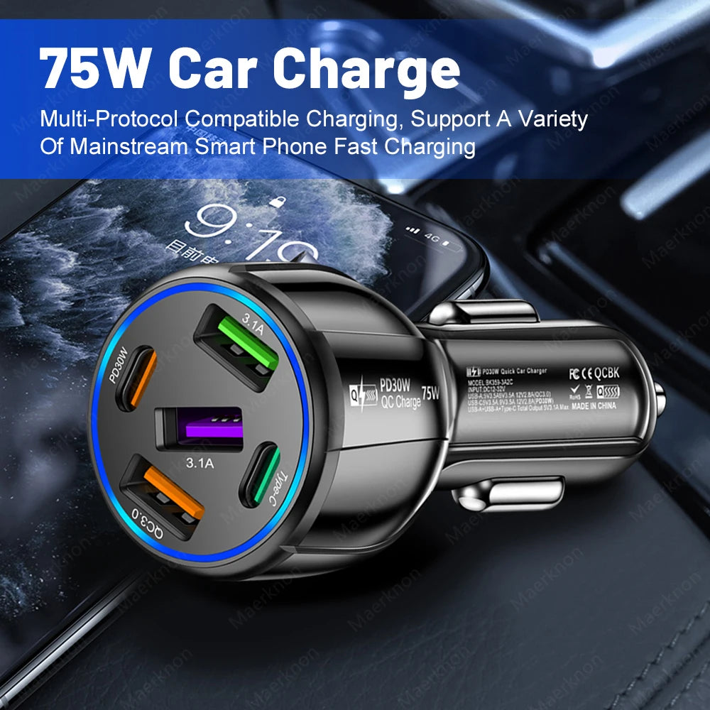5 Ports USB Car Charger 75W PD Type C Fast Charging Charger In Car For iPhone Samsung Xiaomi Huawei Phone USB Car Power Adapter