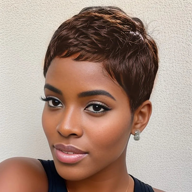 Perruque courte en cheveux humains 99J coupe pixie – Perruque Remy courte, lisse et dégradée