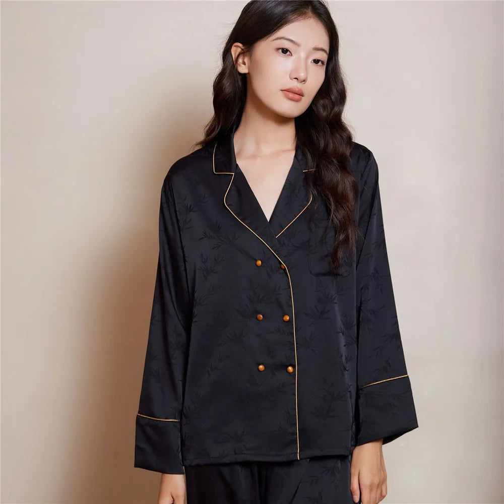 Women Pajamas Set Sleepwear Sexy Double-Breasted Jacquard Satin Pijamas Suit Spring Home Wear Loungewear