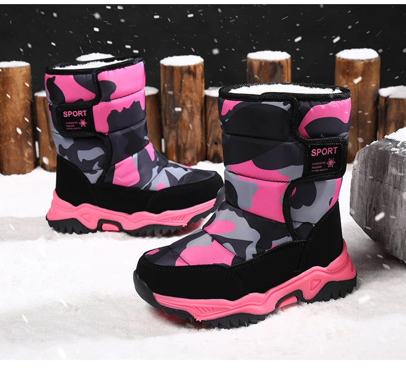 Winter Children Shoes Plush Waterproof Fabric Non-Slip Girl Shoes Rubber Sole Snow Boots Fashion Warm Outdoor Boots