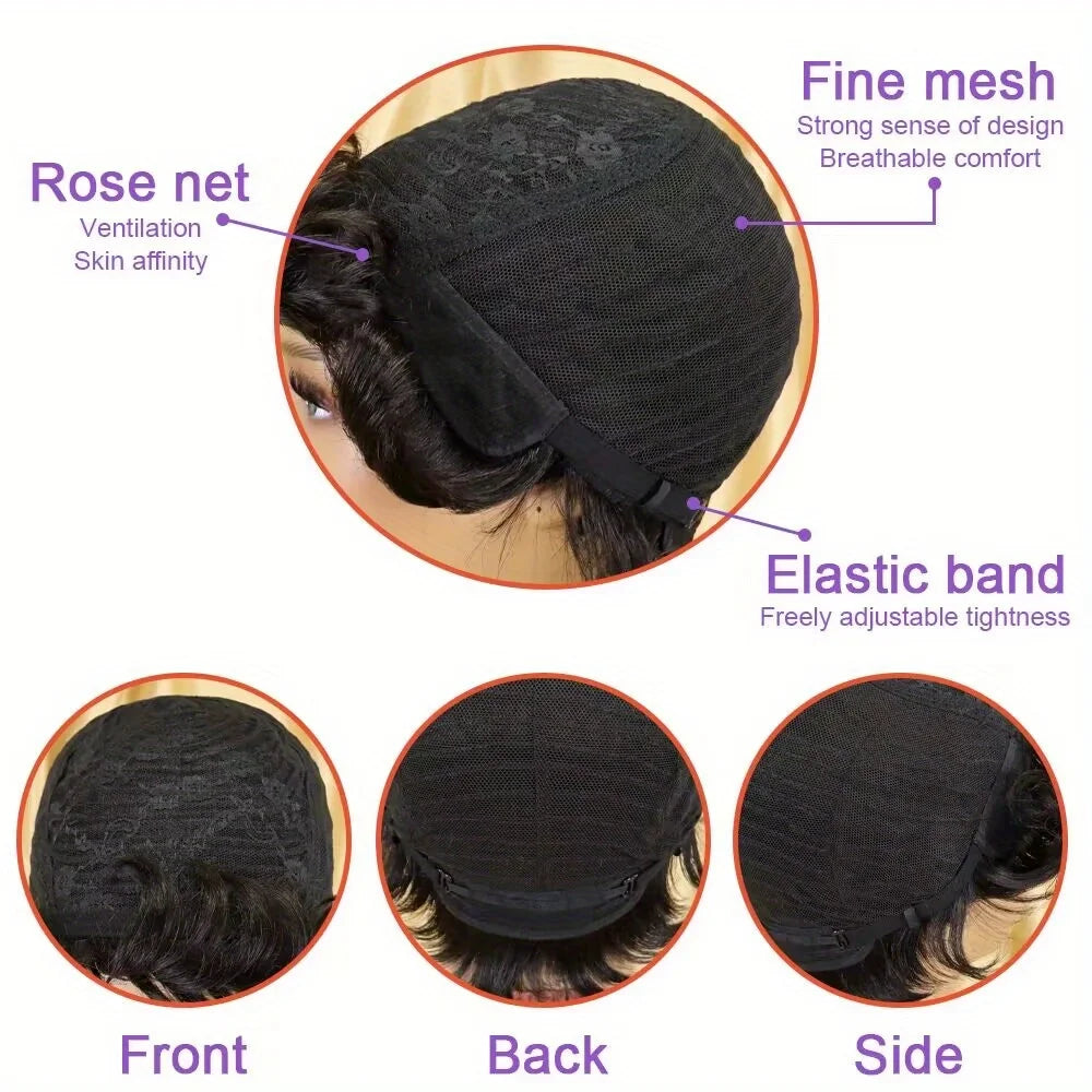 Short Pixie Cut Straight Wig Human Hair for Women Machine Made with Pre-Styled Bangs Tangle-Free Natural Hairline 180% Density 6inch