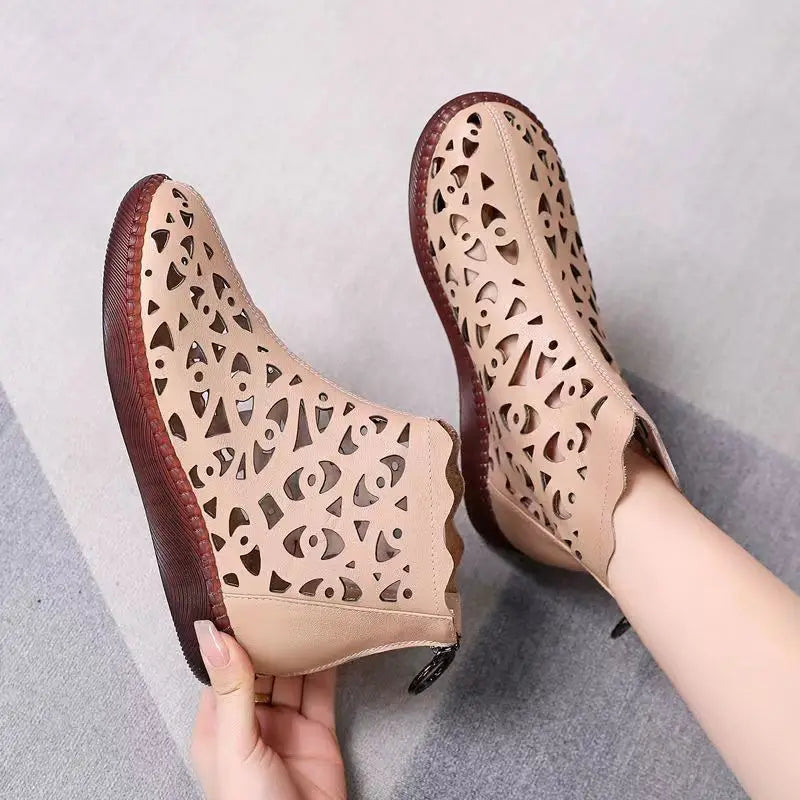 Women Boots New Spring Summer Leather Sandals Women Breathable Hole Boots Flat Soft Non-slip Comfortable Shoes for Women