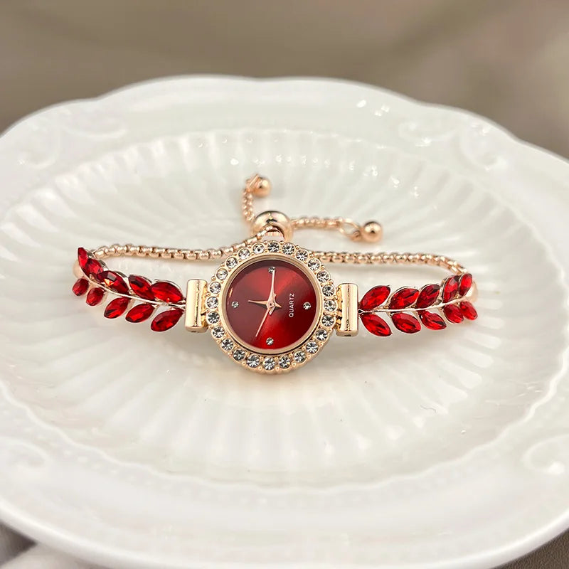 New fashion diamond-encrusted leaf round women's watch simple dial freely adjust cross-border gift watches