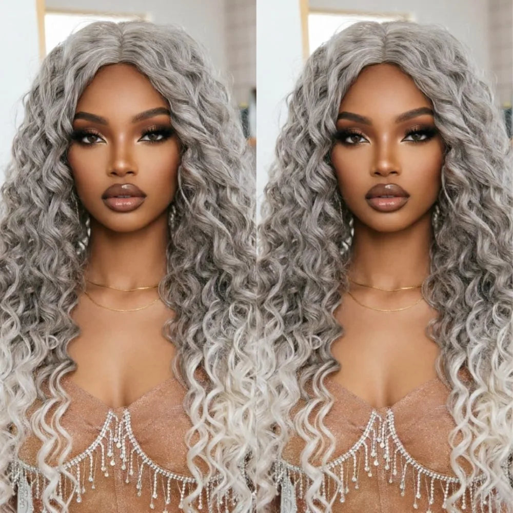 Gray Ombre White Lace Front Wig 13x4 HD Deep Wave Synthetic Wigs Perfect for Daily Wear Parties Special Occasions