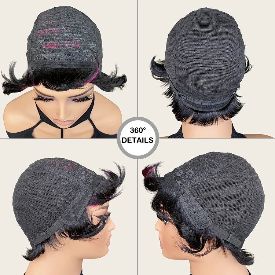 Pixie cut Straight Human Hair Short Wig for Women 1B Purple Full Machine Made Wig For Women