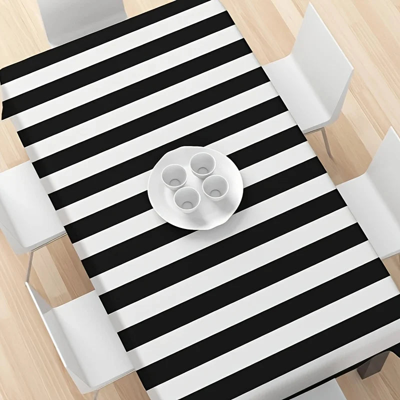 1pc, Black And White Striped Tablecloth,  Waterproof Rectangular Tablecloth For Holiday Party Picnic Decoration