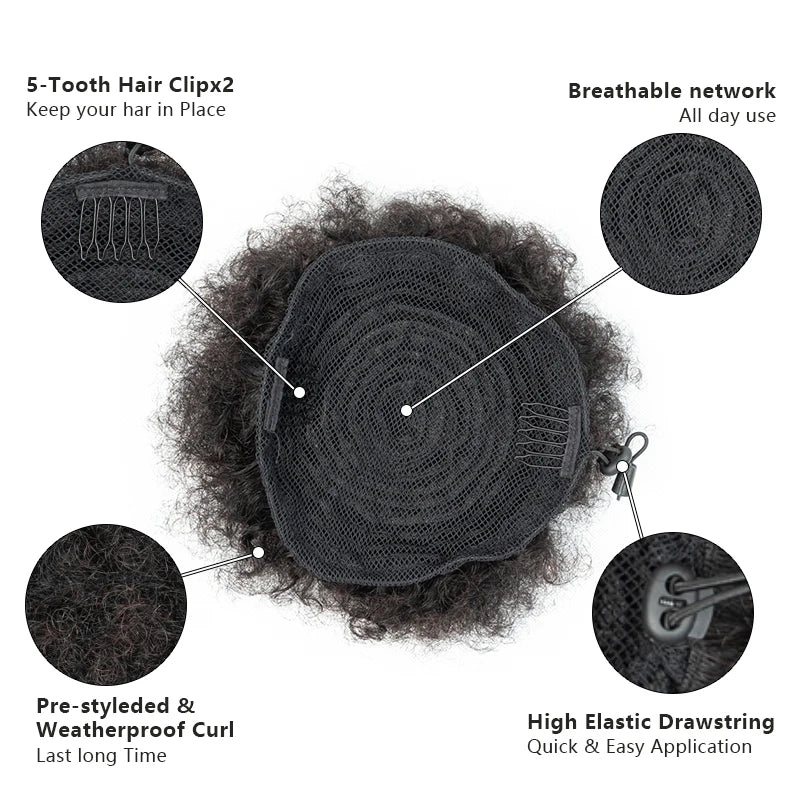 Afro Puff Kinky Curly Human Hair Ponytail Curly Drawstring High Bun HairPiece Clip in on Updo Chignon for Black Women 4 6 8 inch