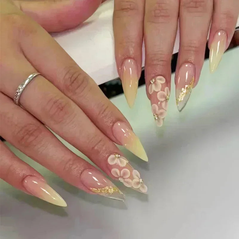 French Press on Fake Nails with Flowers Designs Summer Blue Short Almond False Nails Wearable French Full Cover Press on Nails