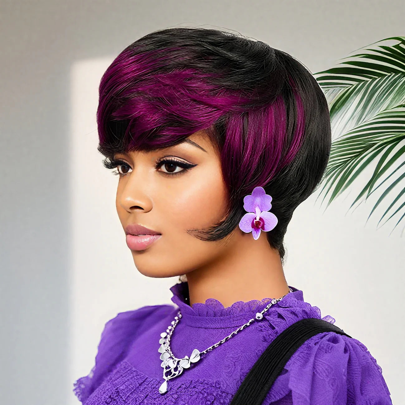 Peluca Elegante Pixie Cut Cabello Humano Lacio Densidad 180% con Flequillo Confeccionada a Máquina Completa para Mujeres
