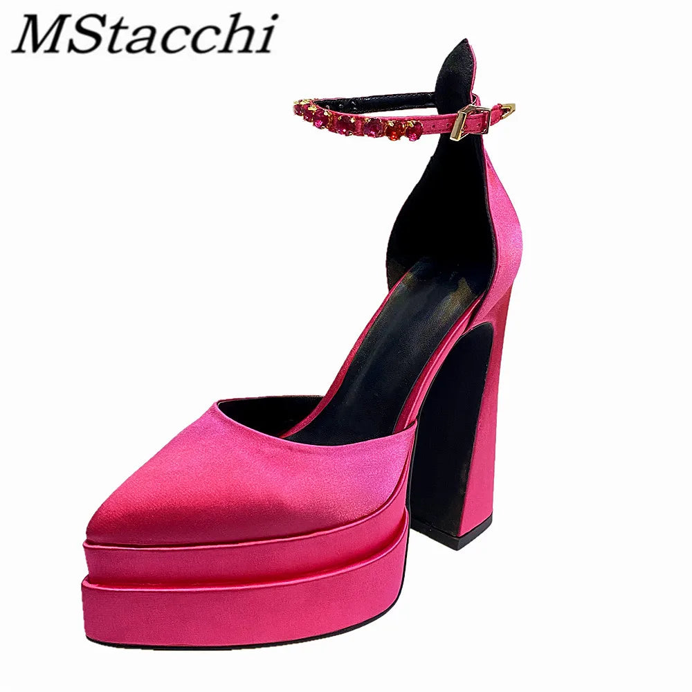 Luxury Women High Heel Shoes Platform Sandals Pointed Toe Woman Silk Pumps Sexy Rhinestone Buckle Chunky Heel Wedding Shoes 2024