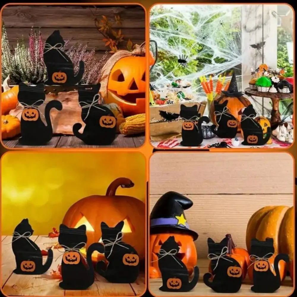 3pcs Table Centerpiece Decoration Wooden Halloween Black Cat Ornament Cute Decorative Cat Sculpture Vivid Animal Statue Tabletop