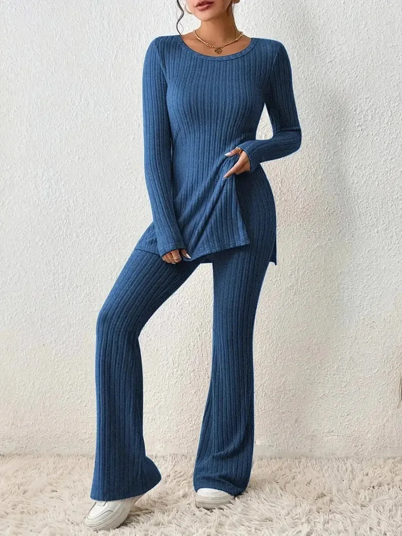 Ropa de Mujer Otoño Invierno Nuevo Estilo Color Sólido Sexy Casual Manga Larga Cuello Redondo Rajado Moda Temperamento Conjunto de Dos Piezas