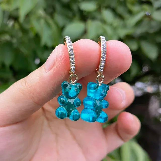 Pendientes colgantes de oso de gominola de acrílico bonitos para mujer, pendientes de aro de oso arcoíris CZ, joyería dulce de niña, moda coreana 2022