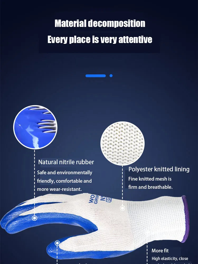 3 Pairs Of Non-slip Wear-resistant Breathable Nitrile Gloves Industrial Labor Building Construction Safety Non-slip Work Gloves