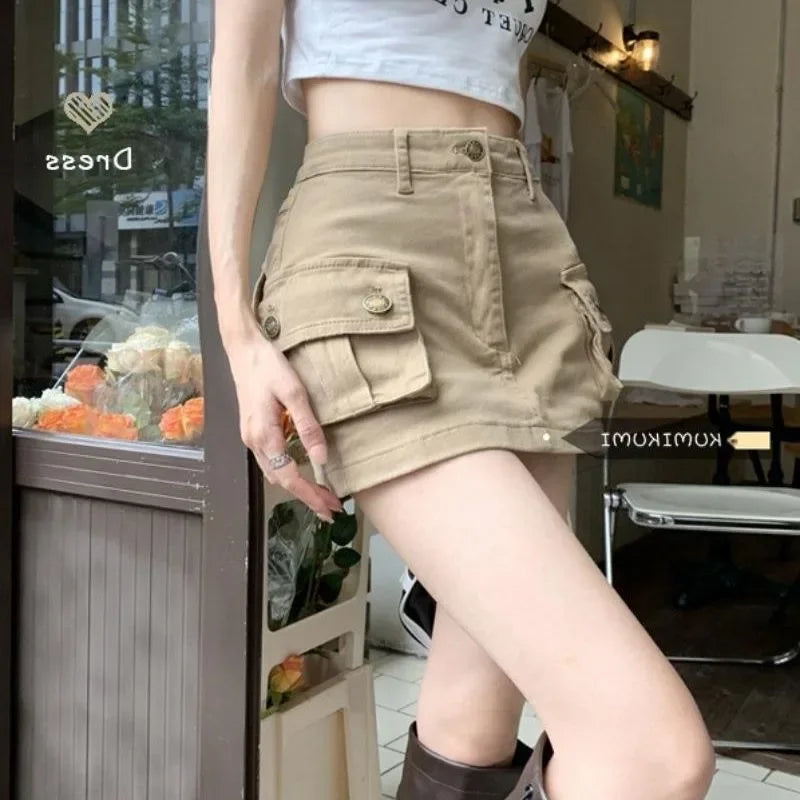 Women's Skirt Autumn New Denim Khaki Work Skirt Skinny American Half-body High Waist A-line Skirt Pocket A Line Sexy Dress