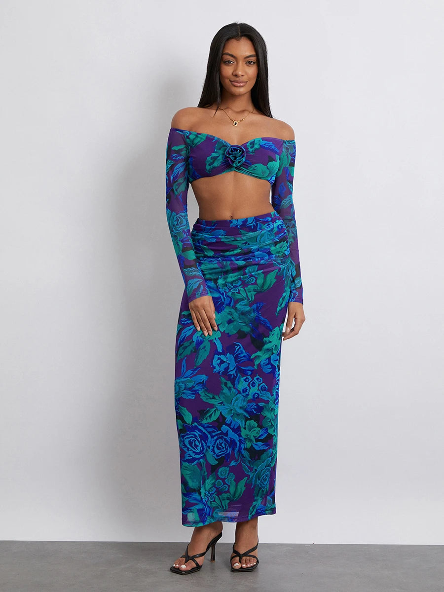 Women Skirt Set Flower Print Long Sleeve Off-shoulder Crop Top with High Waist Long Skirt Fall Outfit