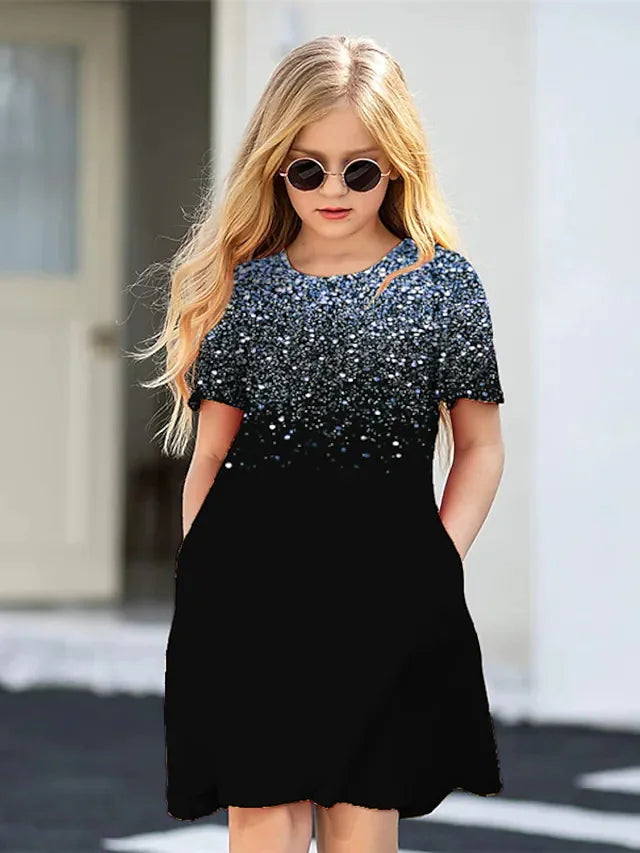 Children's Clothing Highlights Short Sleeved Dress Round Neck Knee-Length Pocket Fashion
