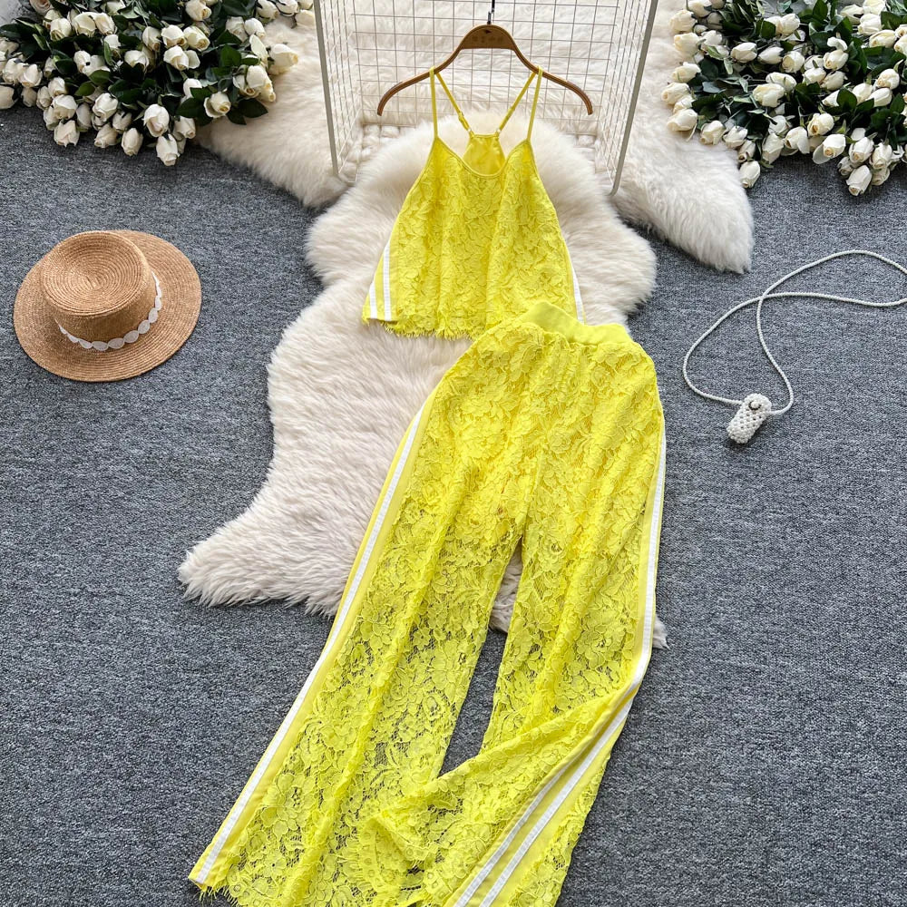 Women Two Pieces Sets Spliced lace Off Shoulder Slip Top and Fashion Hotsweet High Waist Elastic Waist  Wide Leg Pant Sets