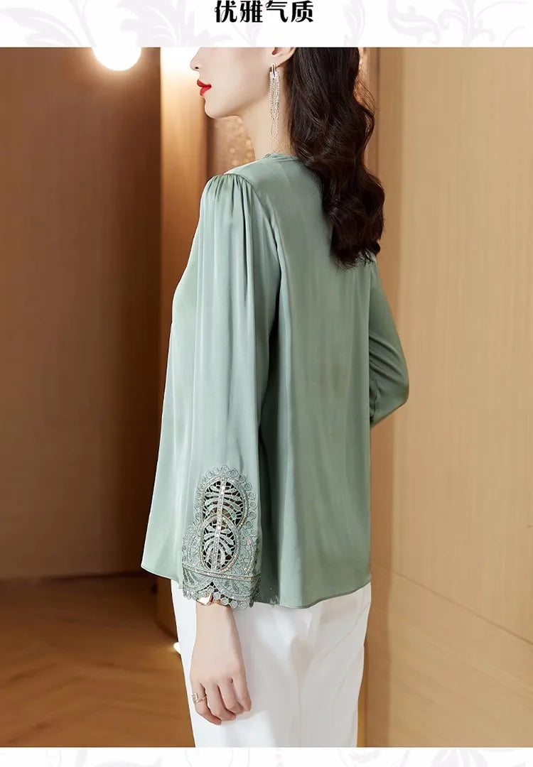 Fashion Women Silk Blouses Spring Autumn Long Sleeve Embroidery Shirts Elegant Office Lady Retro Design Tops Clothing