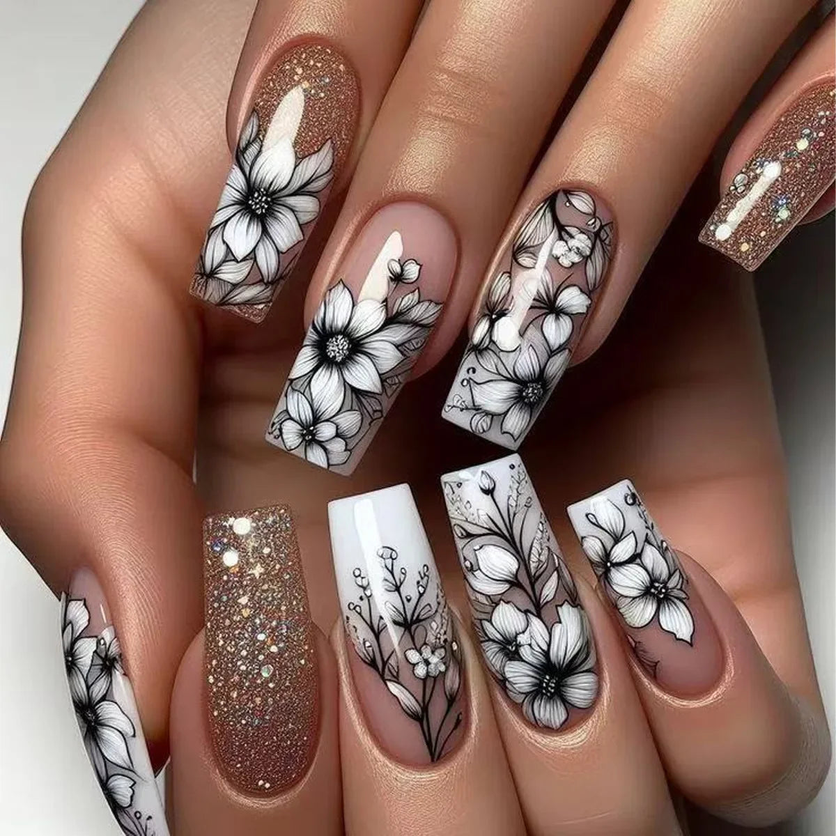 24Pcs Sweet Cool Coffin Fake Nails Butterfly Flower Acrylic Nail Glitter Glossy False Nail Full Cover Autumn Press on Nails Tips